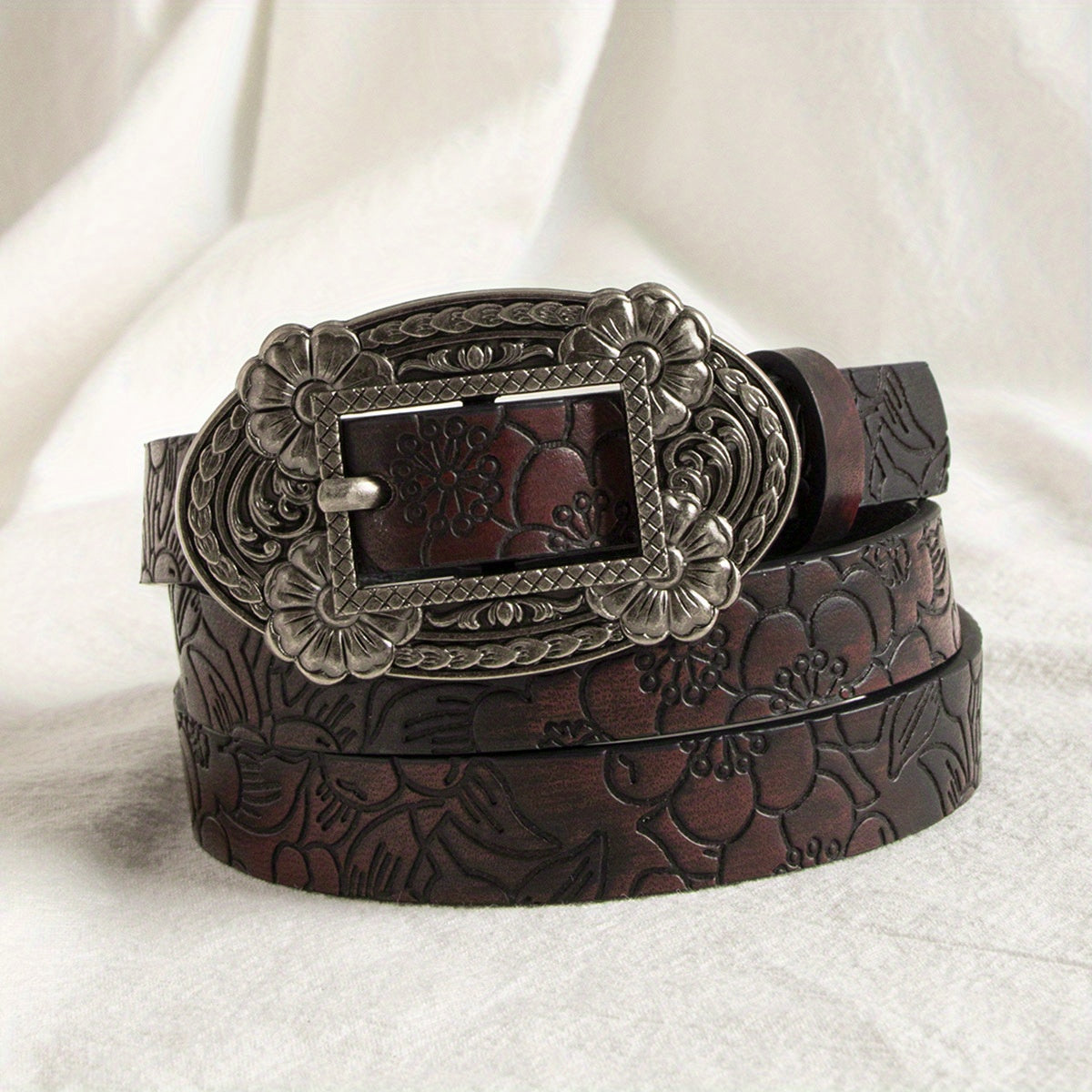 Vintage Carved Buckle PU Belt Flower Pattern Embossed Belt For Women
