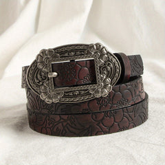 Vintage Carved Buckle PU Belt Flower Pattern Embossed Belt For Women