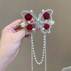 Girl's Tassel Rose Flower Barrette Vintage Rhinestone Hair Clip