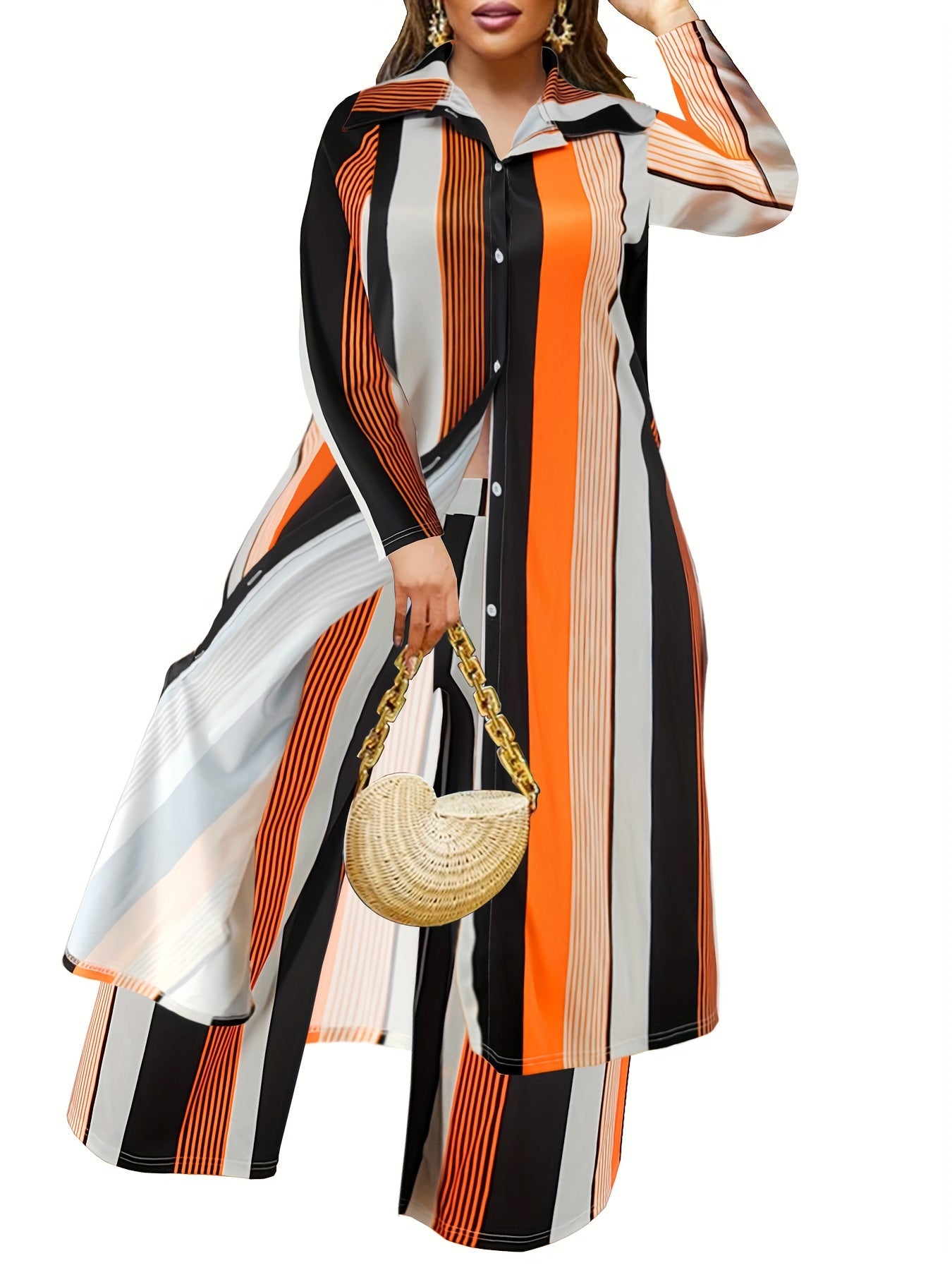 Women's Plus Striped Shirt Dress & Wide Leg Pants Set