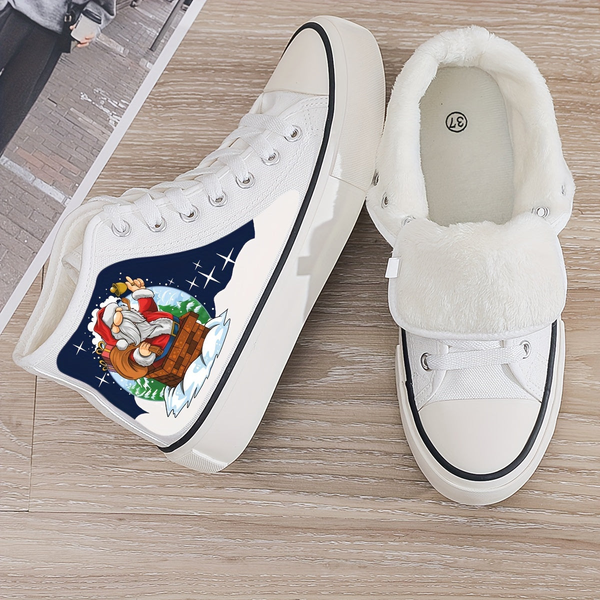Christmas Santa Print Plush Lined Thermal Chunky Canvas Sneakers