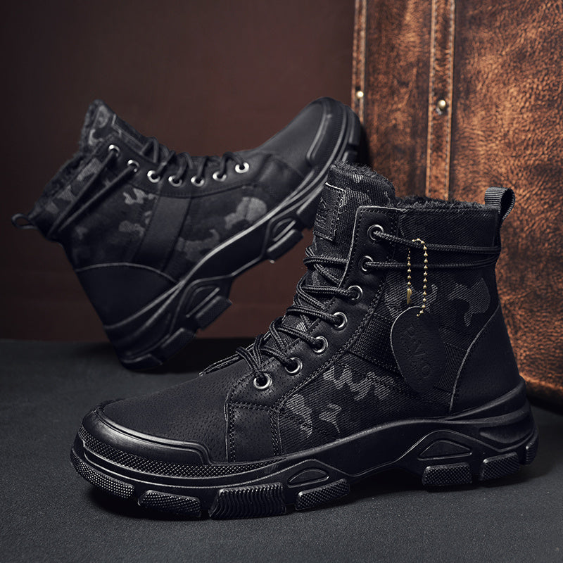 Men's Camo Fleece Lace Up Boots Winter High Top Shoes