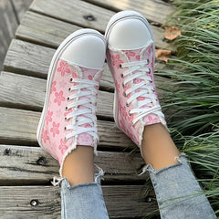 Pink Floral High Top Canvas Sneakers Lace Up Flat Shoes