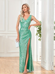 Sequined V Neck Ruched Split Dress Chain Decor Bodycon Dress