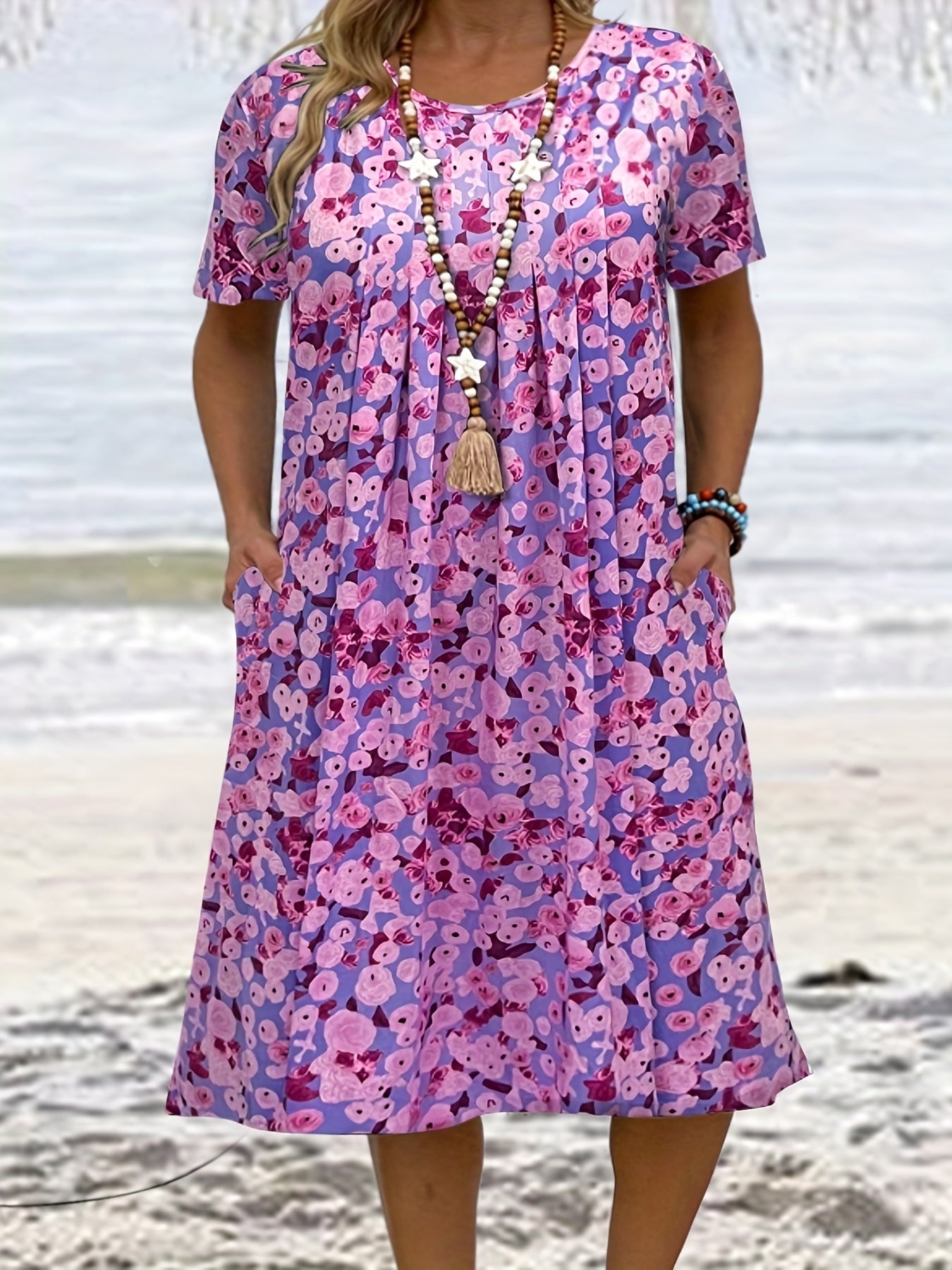 Allover Floral Print Short Sleeve Pleated Dress With Pockets