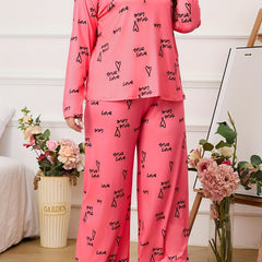 Heart Print Pajama Set Round Neck Top & Pants Two Piece Set