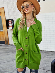 Solid Button Up Long Sleeve Cardigan With Pockets