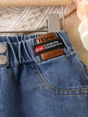 Girls Double Button Wide Leg Denim Pants