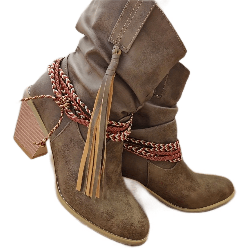 Women's Tassel Western Boots Straw Woven Chunky Heel Cowboy Shoes