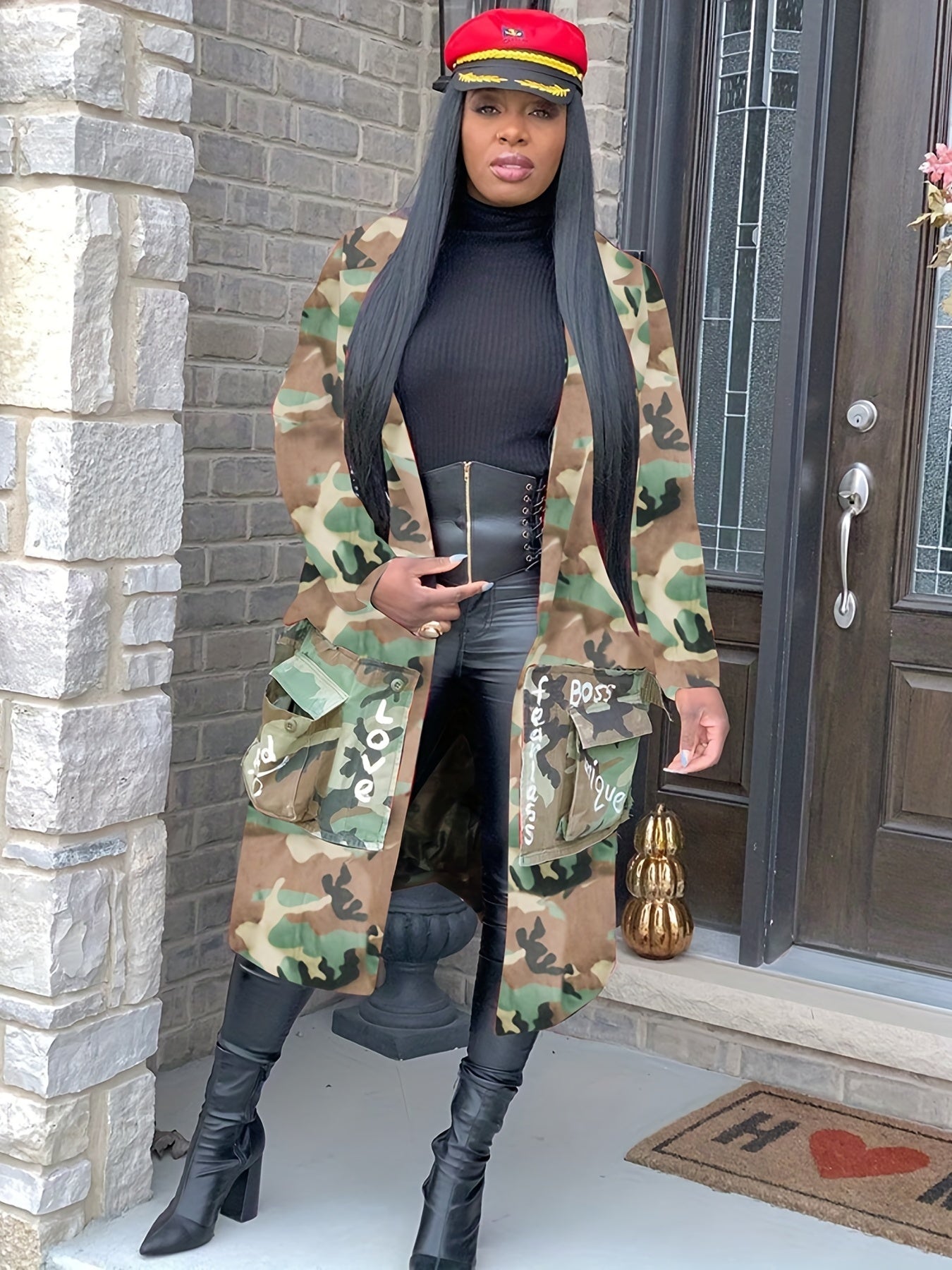 Camo Print Coat With Pockets Women's Outerwear