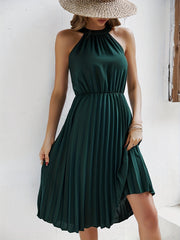 Pleated Sleeveless Dress Solid Cinched Waist Dress