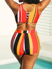 Boho Bikini Set Striped Print Tie Front Swimsuit