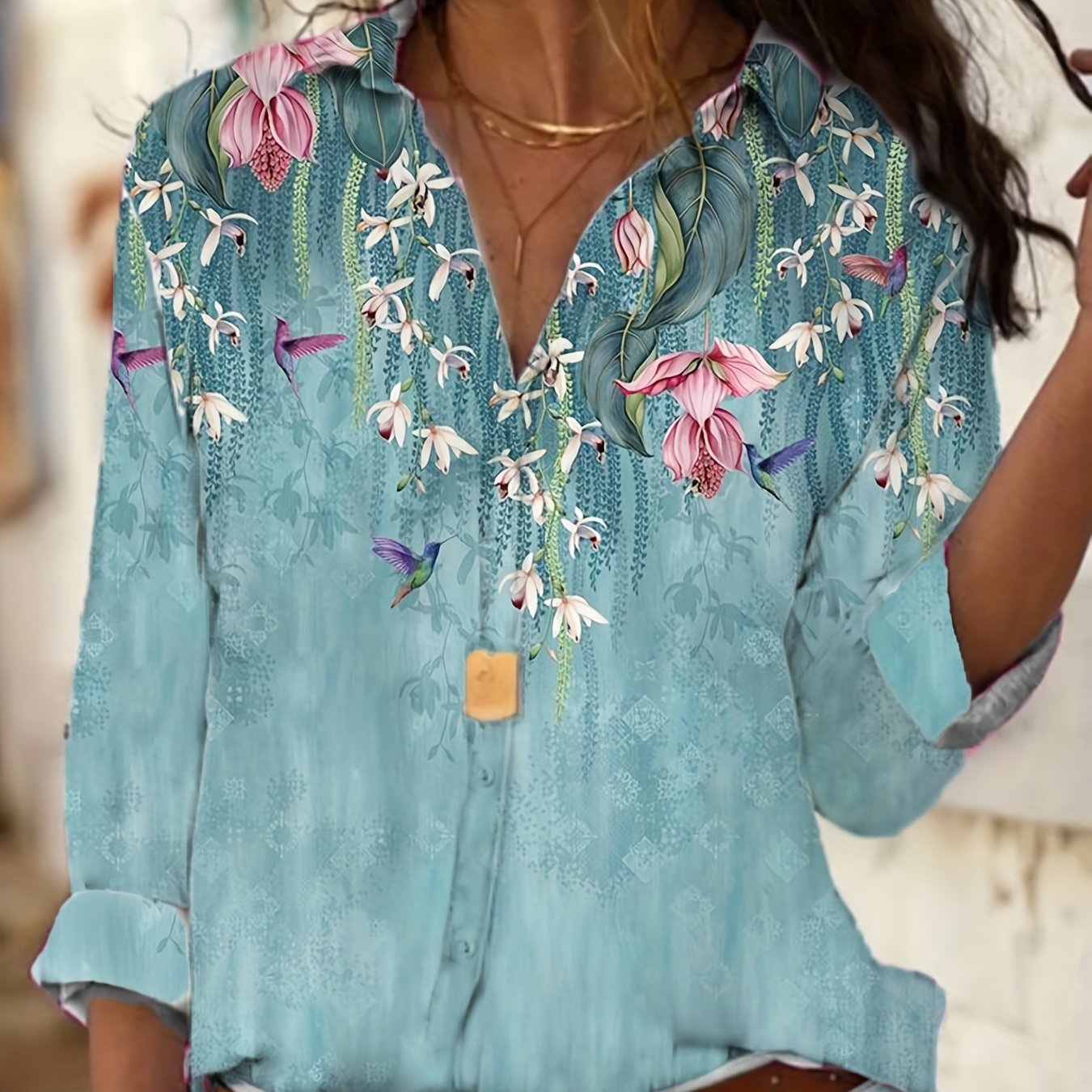 Floral Print Long Sleeve Button Up Blouse