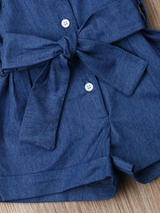 Girls Denim Romper Belted Jumpsuit & Headband Set