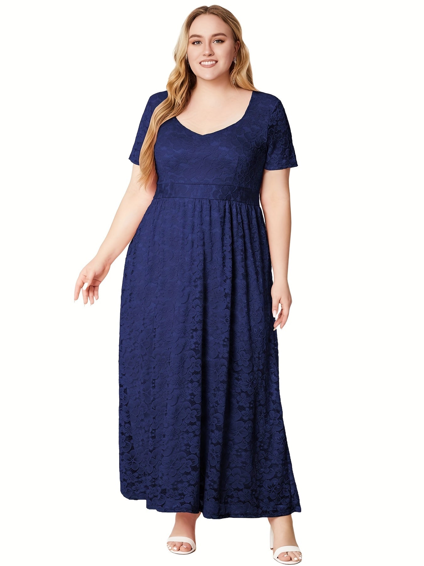 Lace Maxi Dress Scoop Neck Short Sleeve Solid Stretch
