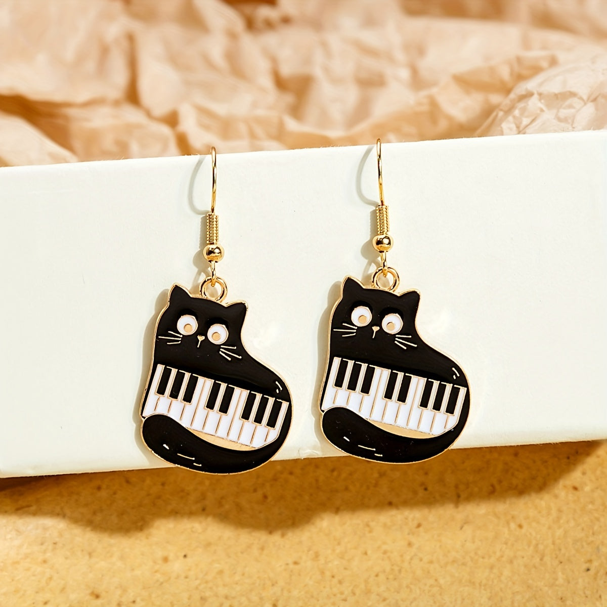 Cat Piano Enamel Dangle Earrings Silver Plated Jewelry Gift