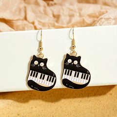 Cat Piano Enamel Dangle Earrings Silver Plated Jewelry Gift