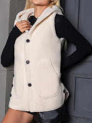 Hooded Teddy Vest Button Front Sleeveless Casual Outerwear