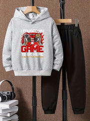 Boys Gamepad Print Hooded Sweatshirt & Sweatpants Set