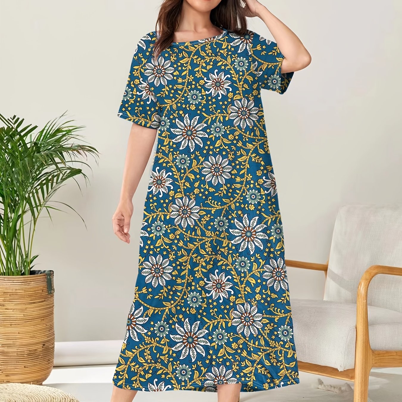 Boho Loungewear Dress Plus Size Floral Print Short Sleeve Round Neck