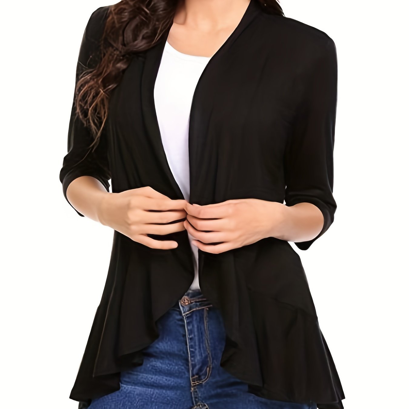 Solid 3/4 Sleeve Open Front Ruffle Trim Cardigan