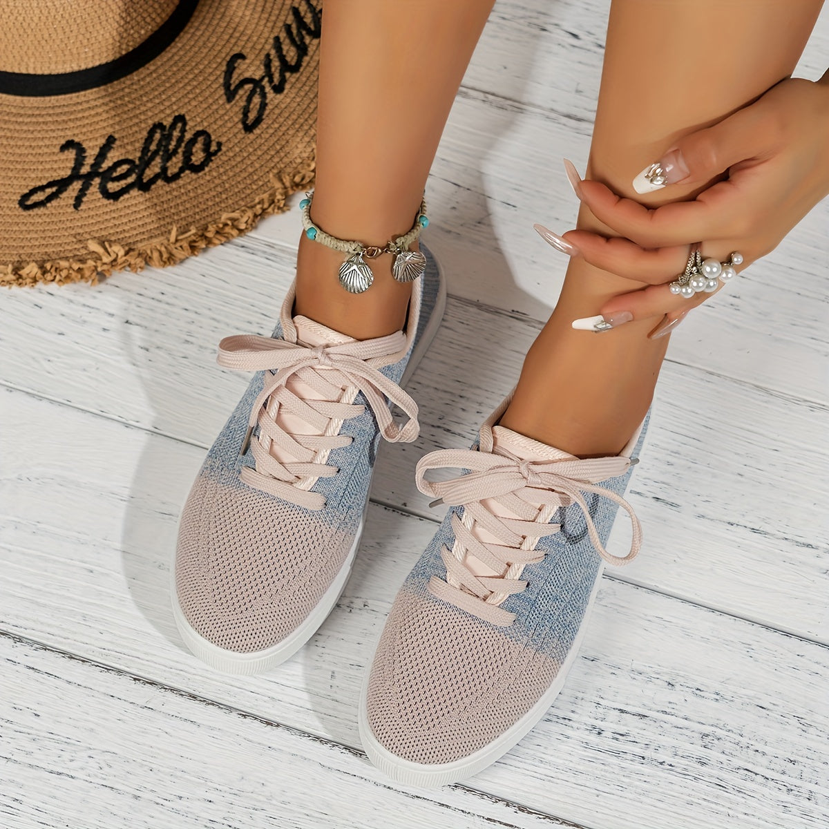 Women's Breathable Knit Sneakers Casual Lace Up Outdoor Shoes
