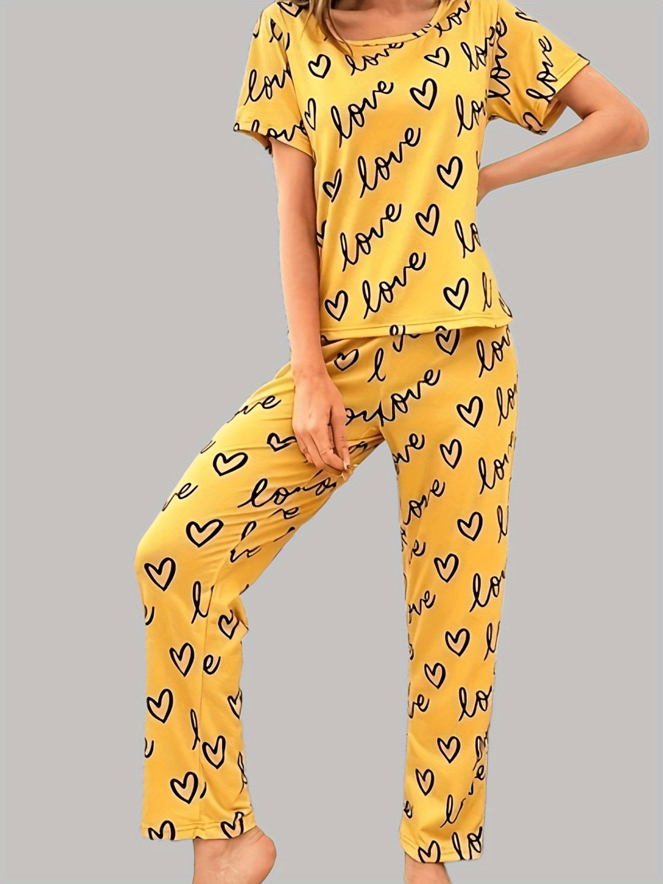 Heart & Letter Print Lounge Set Short Sleeve Top & Pants Women's Sleepwear