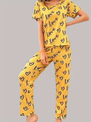 Heart & Letter Print Lounge Set Short Sleeve Top & Pants Women's Sleepwear