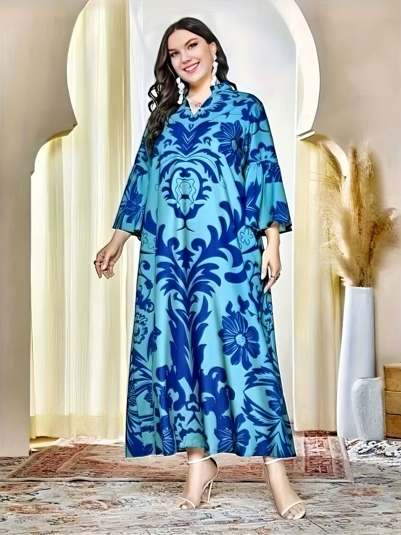 Modest Abaya Dress Women's Plus Floral Ruffled Maxi Dress