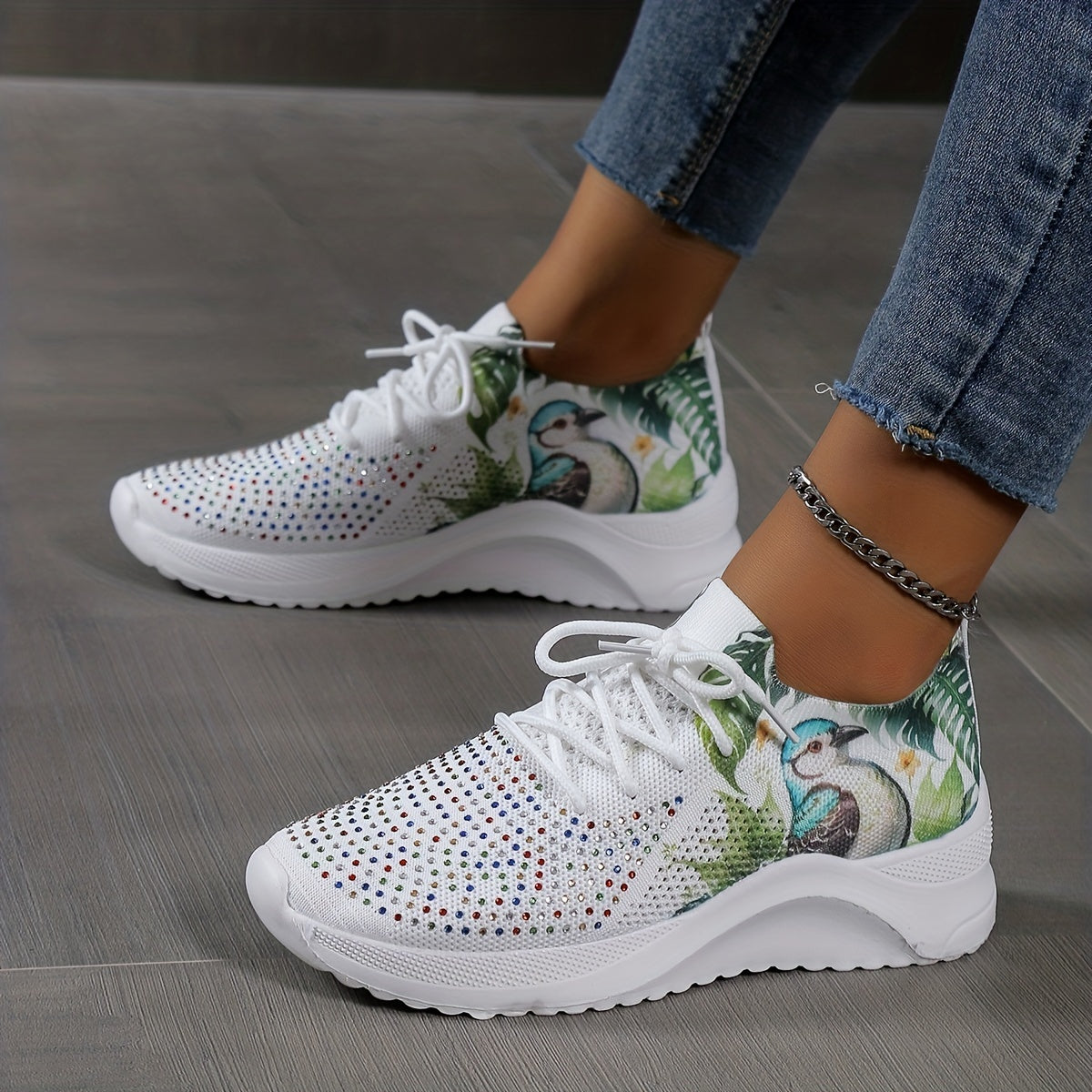 Women's Lace Up Rhinestone Sneakers Lightweight Casual Soft Sock Shoes