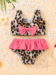 Girls Leopard Print Bow Ruffles Bikini Swimsuit Beach Swimwear Bathing Suits