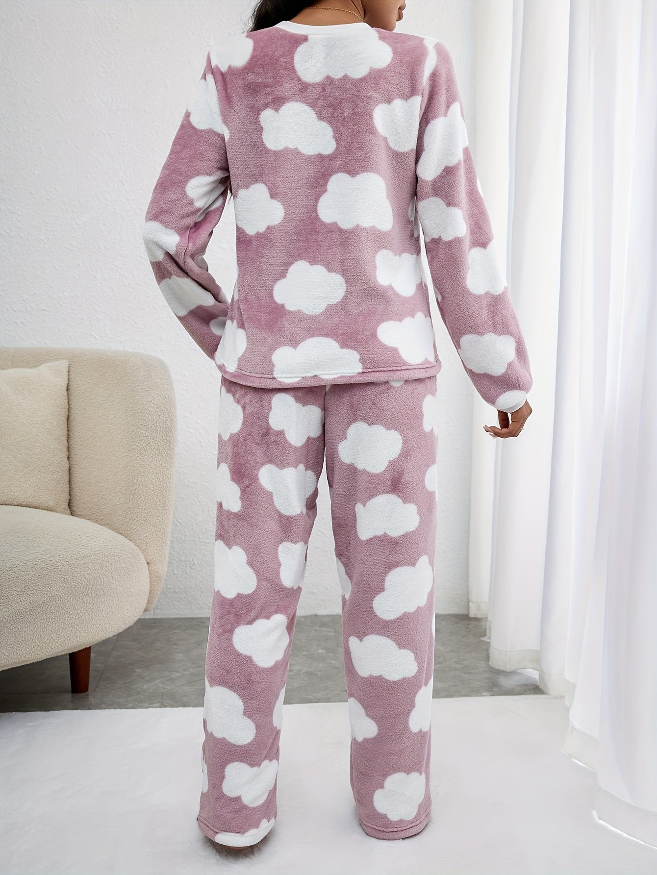 Cloud Print Fuzzy Pajama Set Long Sleeve Crew Neck Top & Pants