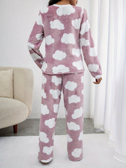 Cloud Print Fuzzy Pajama Set Long Sleeve Crew Neck Top & Pants