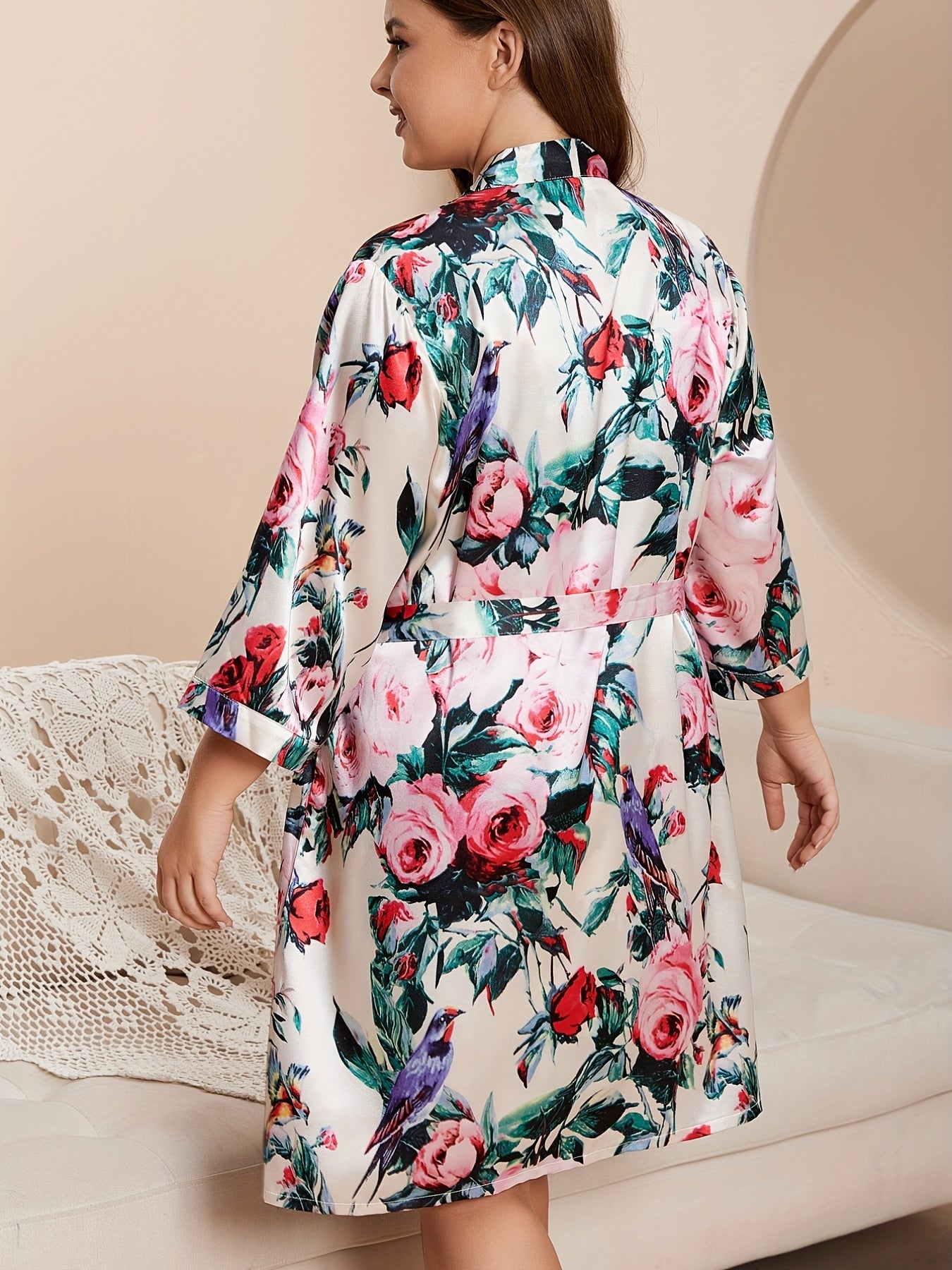Rose Print Pajama Set - Long Sleeve Robe & Cami Nightdress