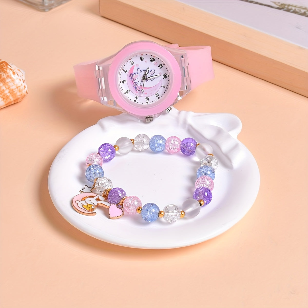 Cartoon Moon Rabbit Silicone Strap Girls Watch Set