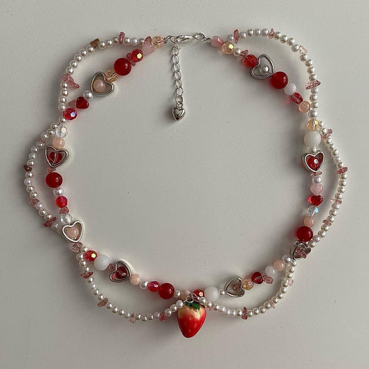 Girls Faux Pearl Strawberry Pendant Necklace