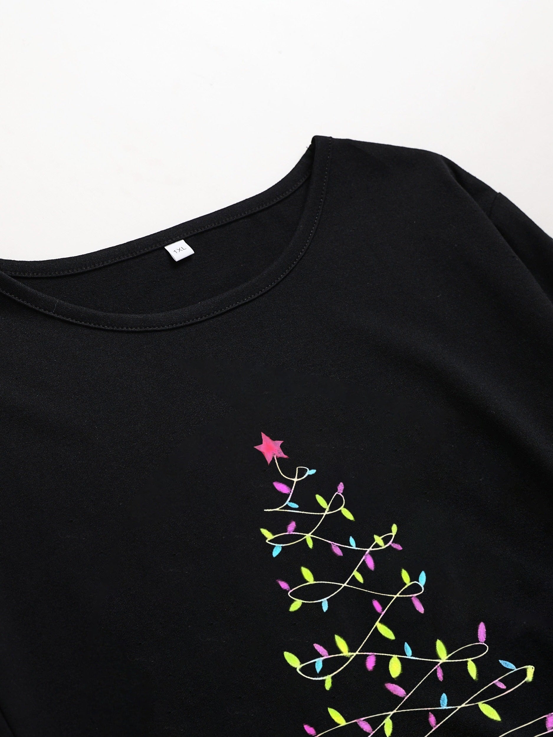 Glitter Christmas Tree Print Long Sleeve Round Neck Baggy Dress