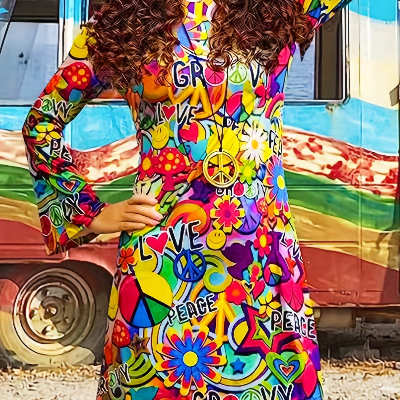 Hippie Halloween Cosplay Dress Long Sleeve Random Print Party Dress
