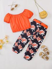Girls Off Shoulder Crop Top & Flowers Print Pants Set