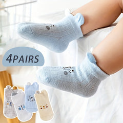 4 Pairs Boys Cartoon Animal Ankle Socks Soft Comfortable