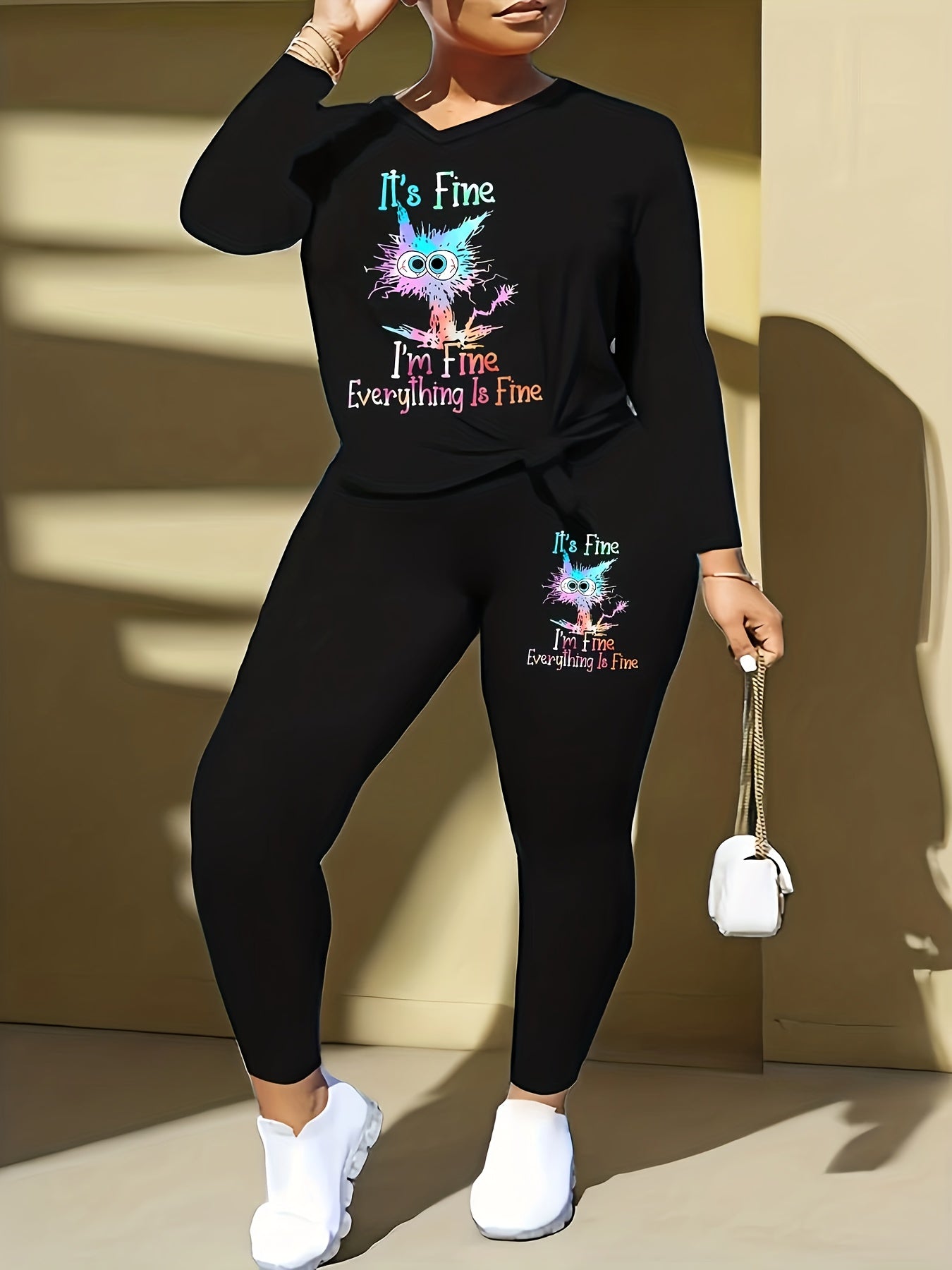 Women's Plus Cat & Slogan Print Tee & Leggings Set