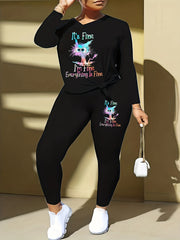 Women's Plus Cat & Slogan Print Tee & Leggings Set