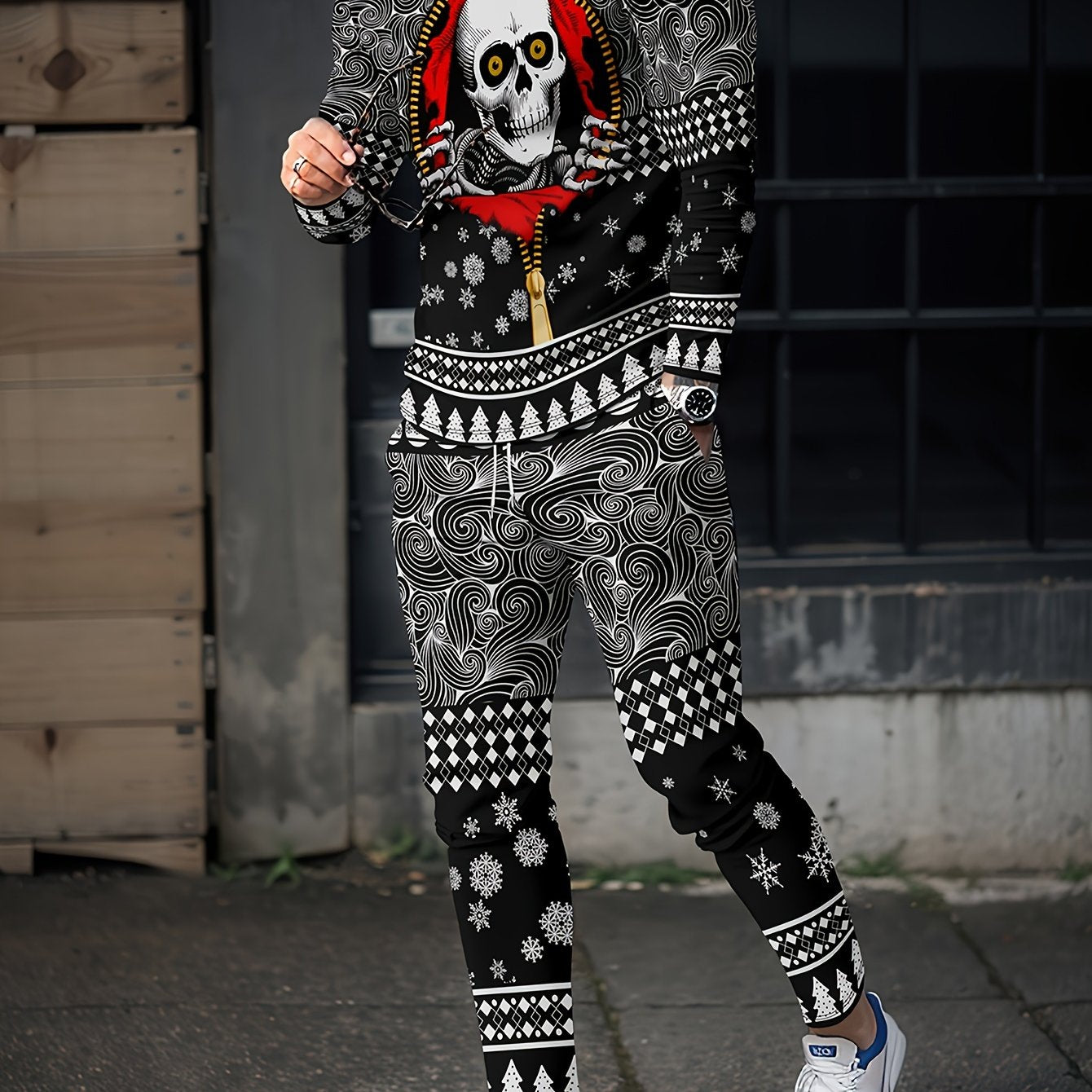 Skull & Geometry Men's 2 Piece Outfit Long Sleeve T-shirt & Sweatpants