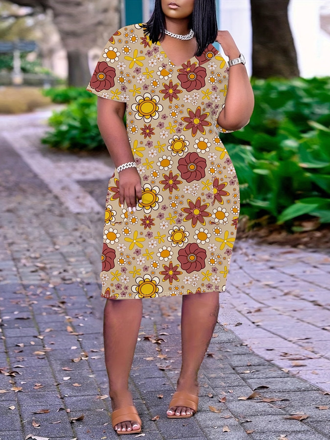 Floral Print Short Sleeve V Neck Dress With Pockets