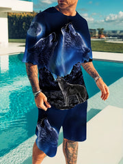 3D Wolf Pattern Print Men's 2Pcs Outfits Casual T-shirt And Shorts Set