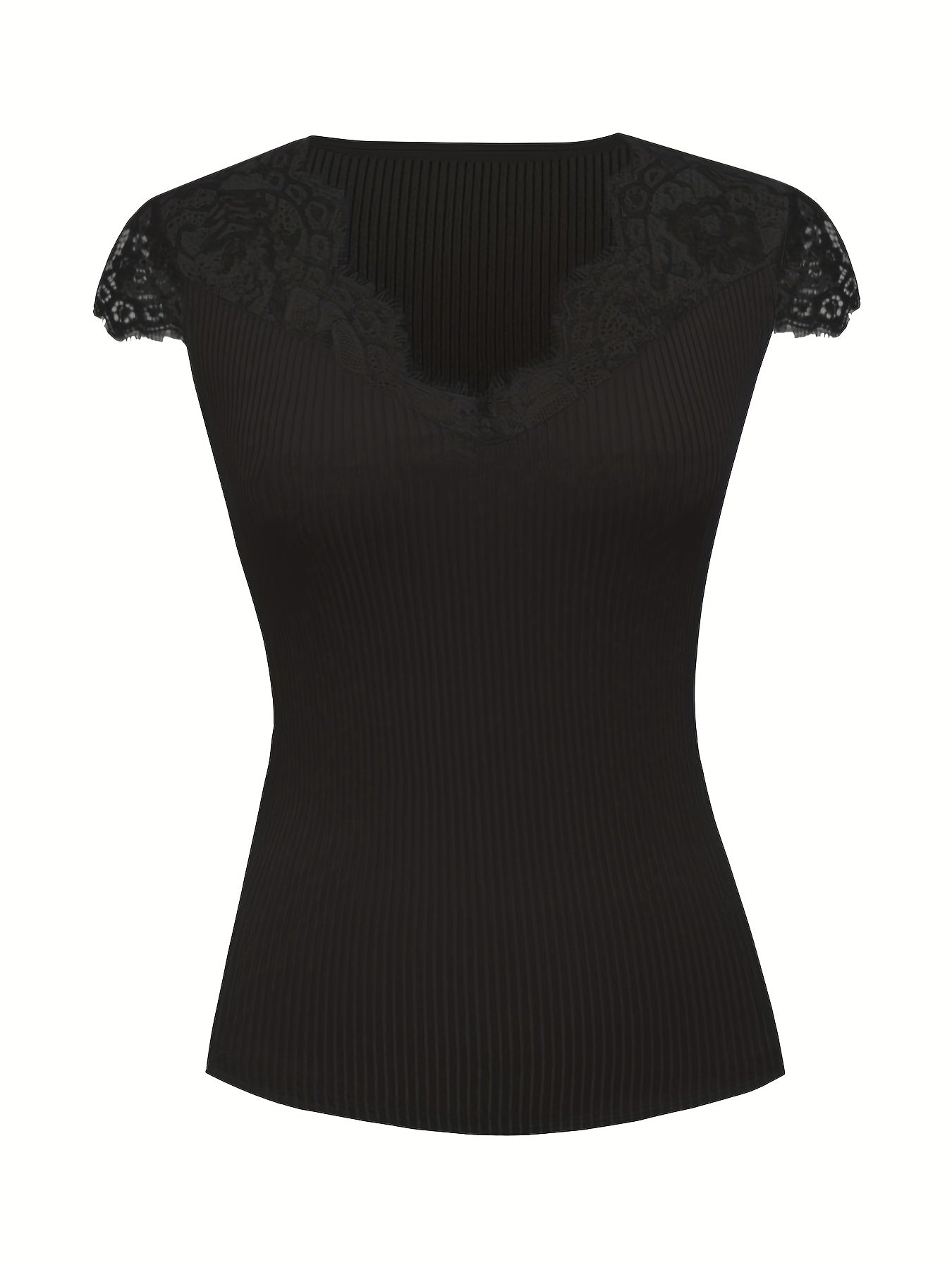 Lace Cap Sleeve Solid V Neck Top