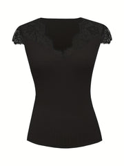 Lace Cap Sleeve Solid V Neck Top