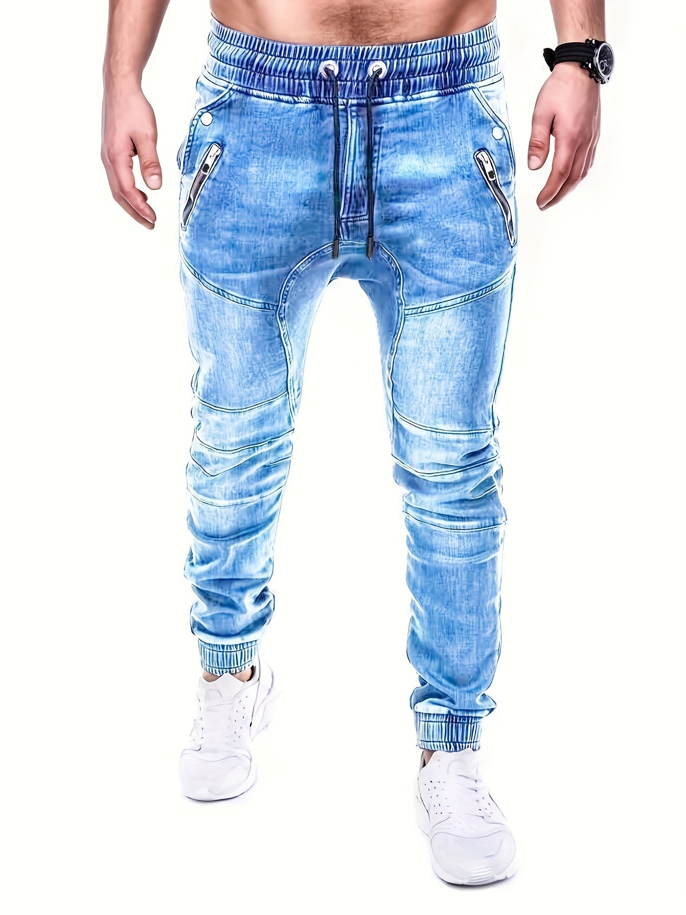 Men's Denim Cargo Pants Zip Pockets Jogger Pants