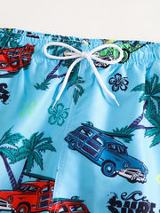 Quick Dry Drawstring Swim Trunks Men's Cars & Coconut Tree Beach Pants