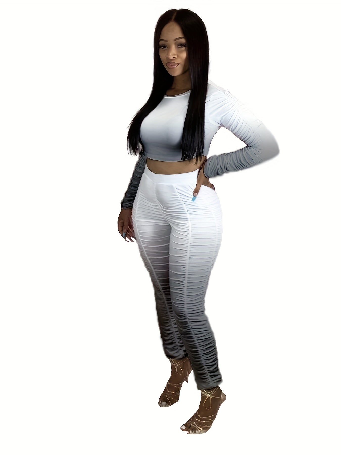 Gradient Ruched 2 Pc Set Crew Neck LS Top & Slim Pants Outfits Women's Clothing